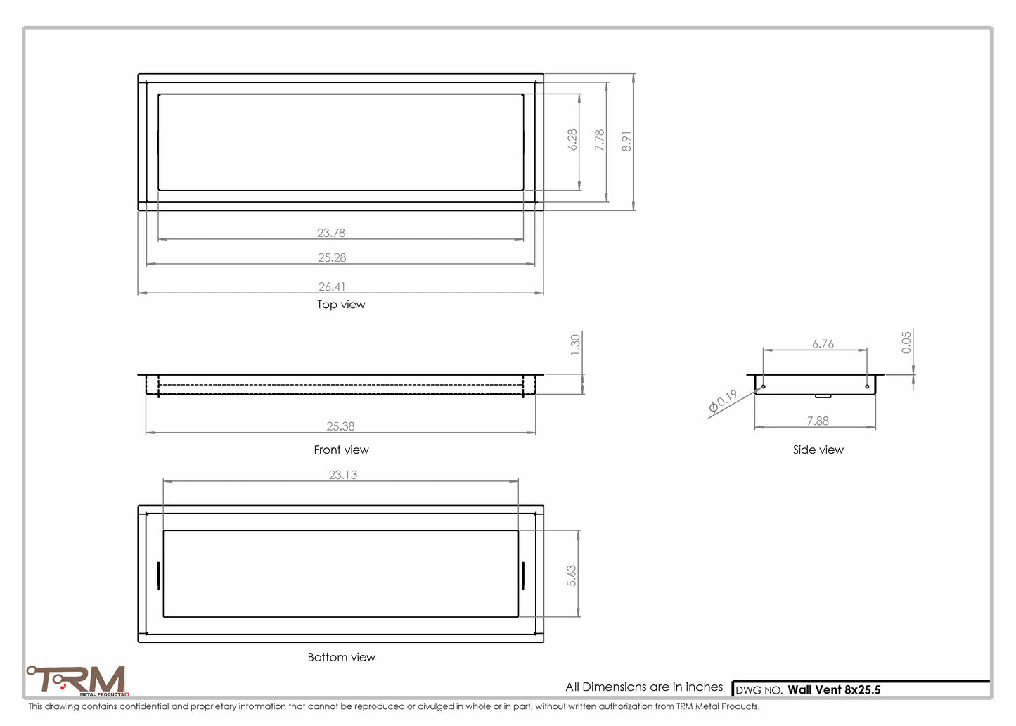 8x25.5 - Wall Vent - Modern Vent Cover -  Return Air Vent - TRM Metal  25.5x8