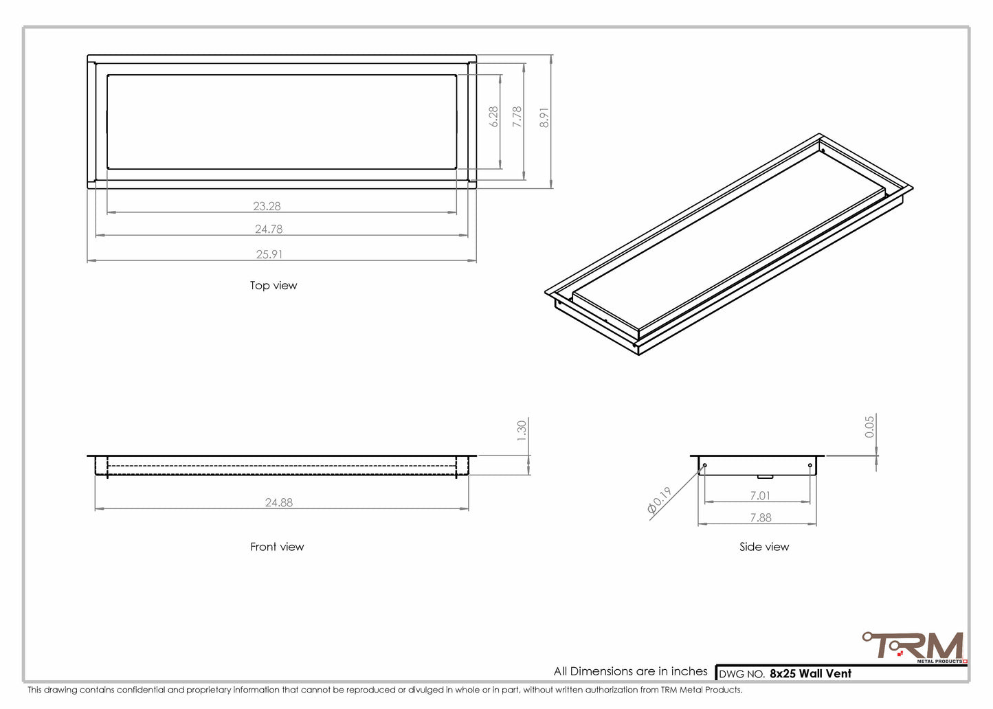 8x25 - Wall Vent - Modern Vent Cover -  Return Air Vent - TRM Metal  25x8