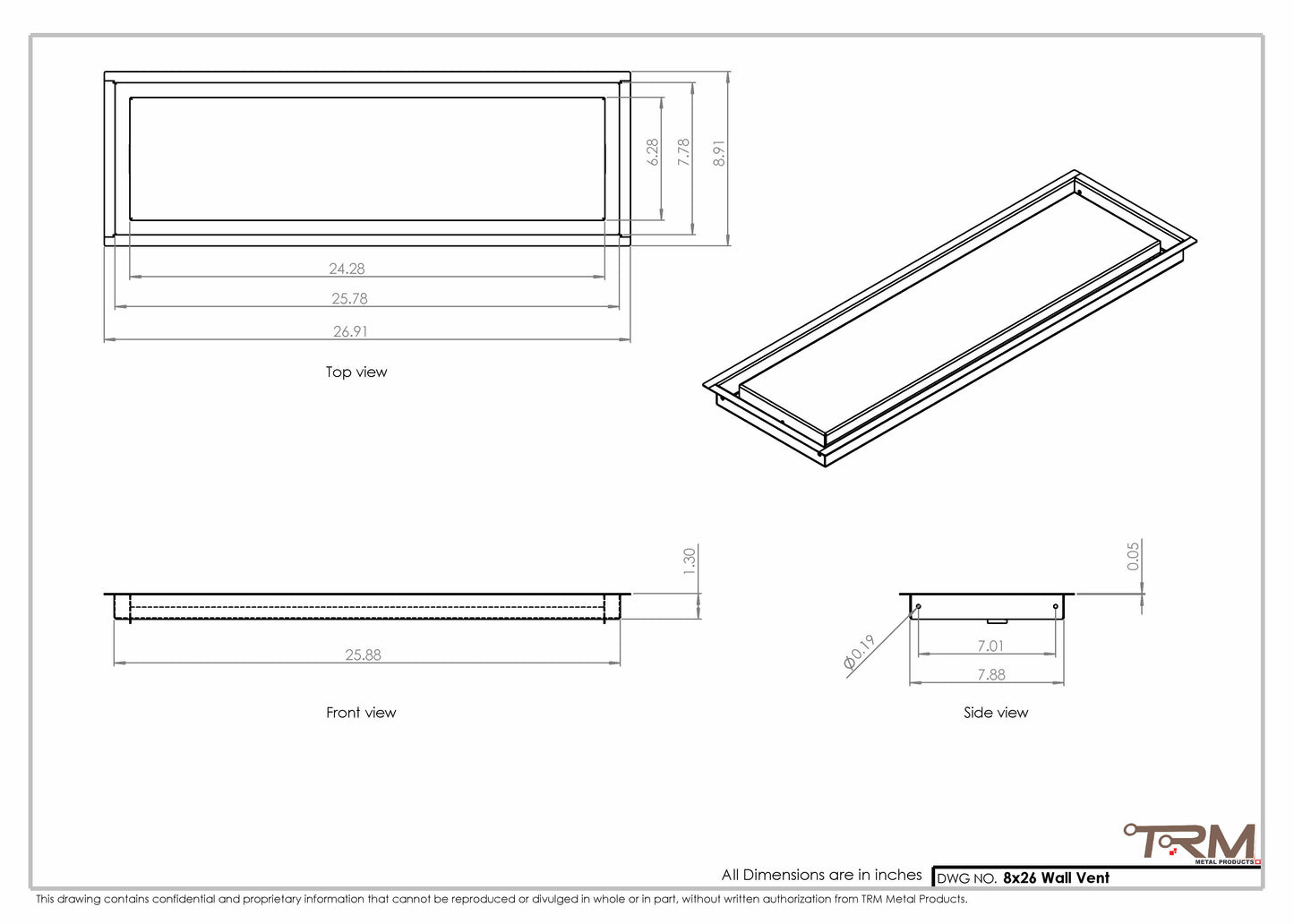 8x26 - Wall Vent - Modern Vent Cover -  Return Air Vent - TRM Metal  26x8