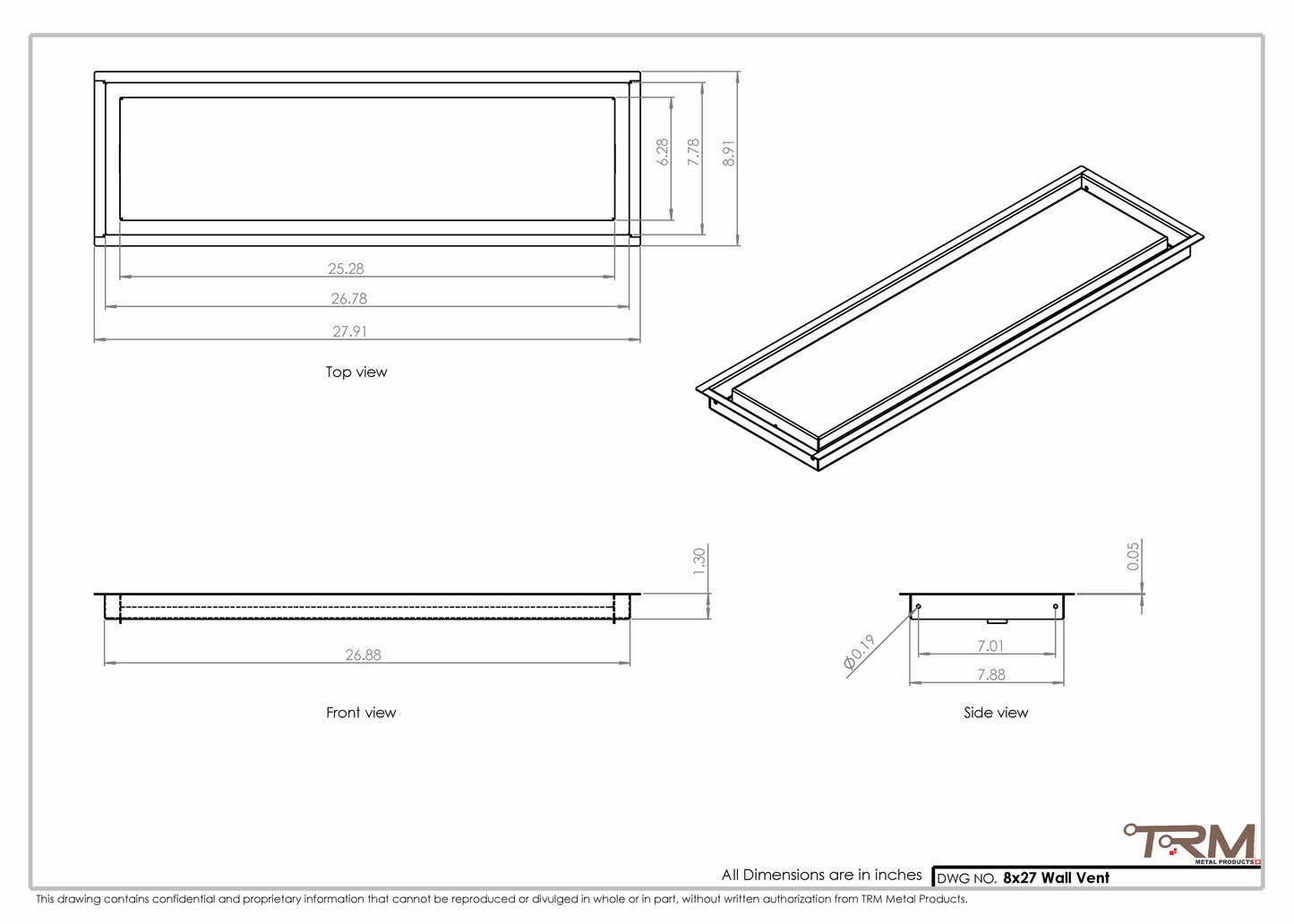 8x27 - Wall Vent - Modern Vent Cover -  Return Air Vent - TRM Metal  27x8