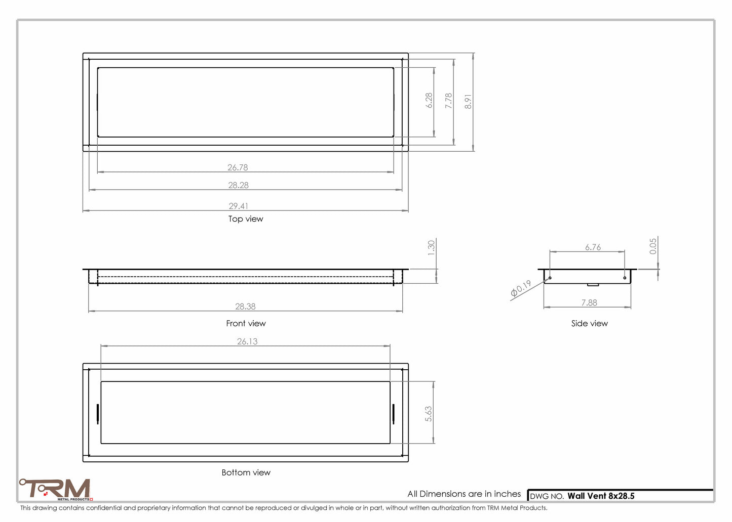 8x28.5 - Wall Vent - Modern Vent Cover -  Return Air Vent - TRM Metal  28.5x8