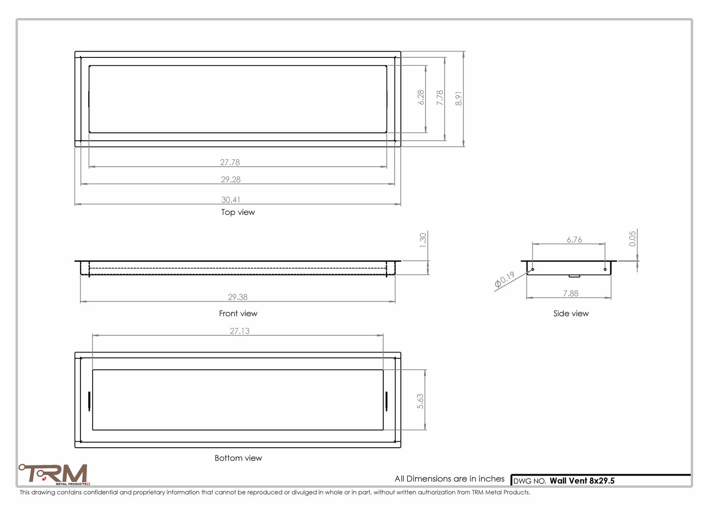 8x29.5 - Wall Vent - Modern Vent Cover -  Return Air Vent - TRM Metal  29.5x8