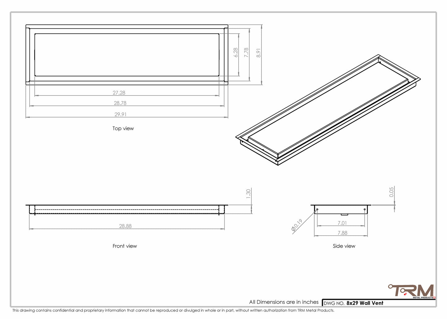 8x29 - Wall Vent - Modern Vent Cover -  Return Air Vent - TRM Metal  29x8