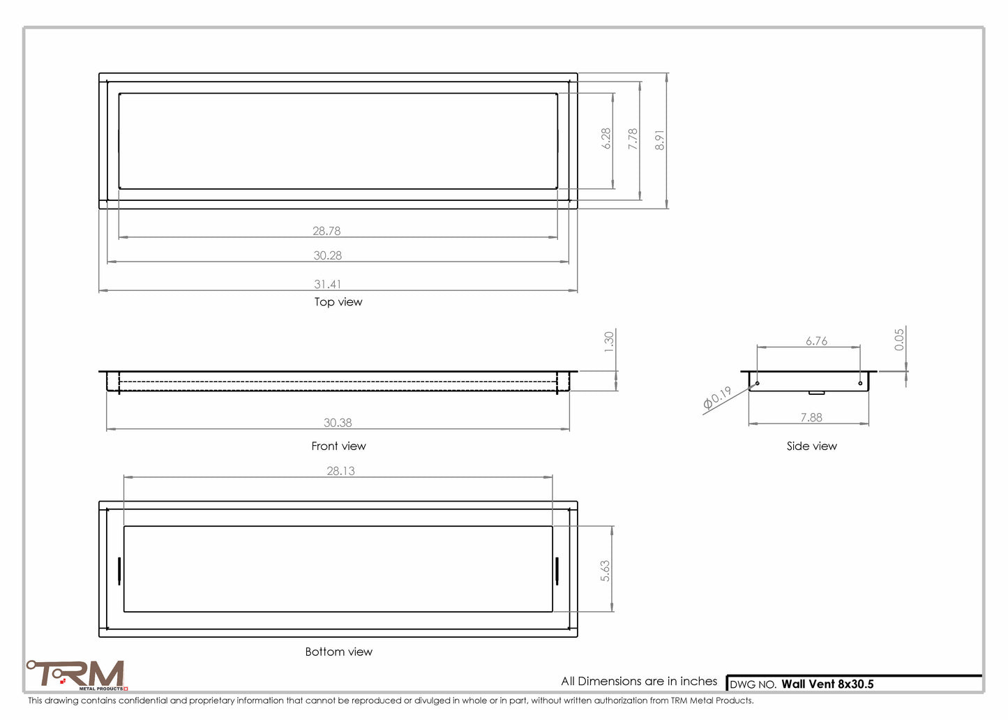 8x30.5 - Wall Vent - Modern Vent Cover -  Return Air Vent - TRM Metal  30.5x8