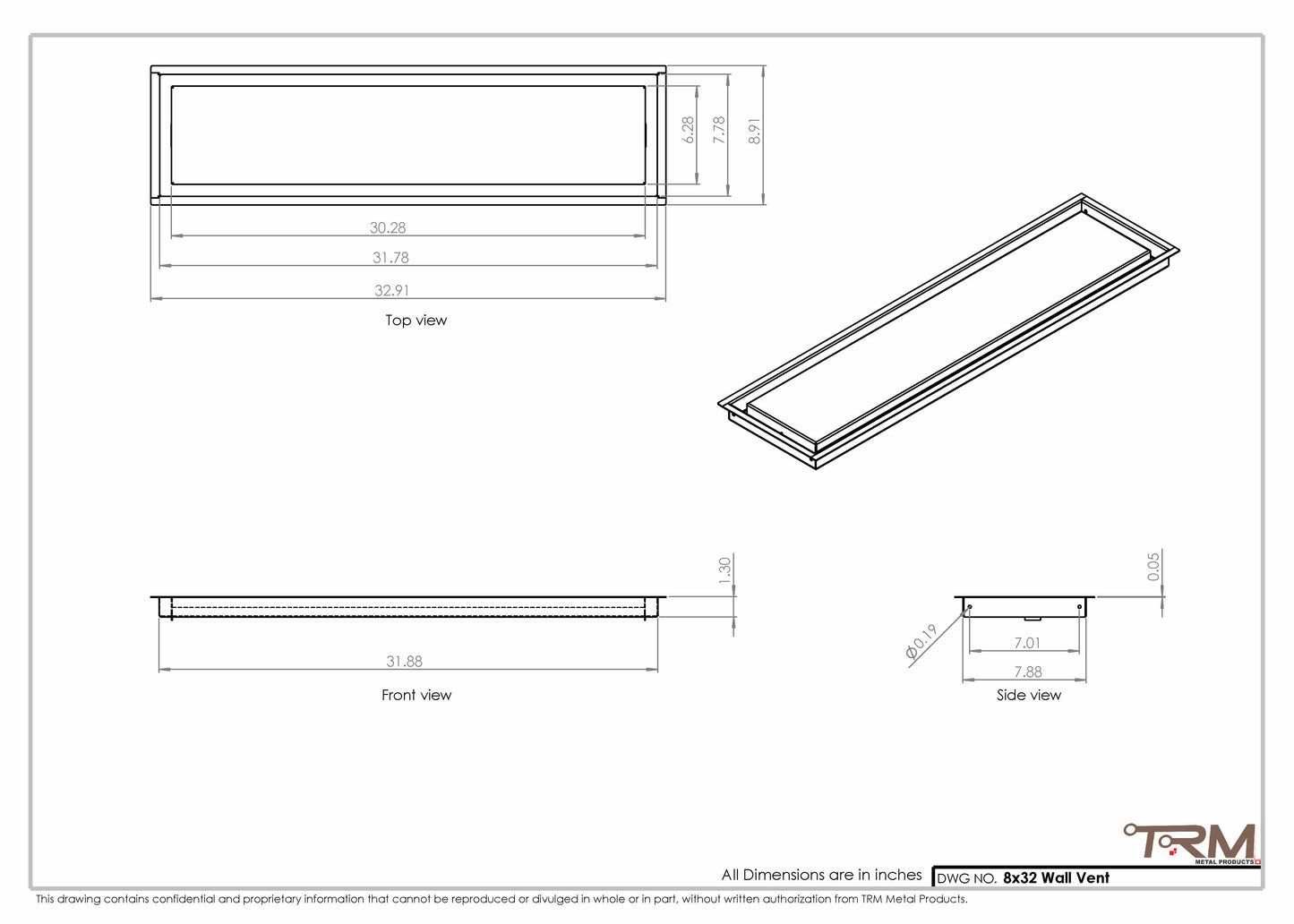 8x32 - Wall Vent - Modern Vent Cover -  Return Air Vent - TRM Metal  32x8