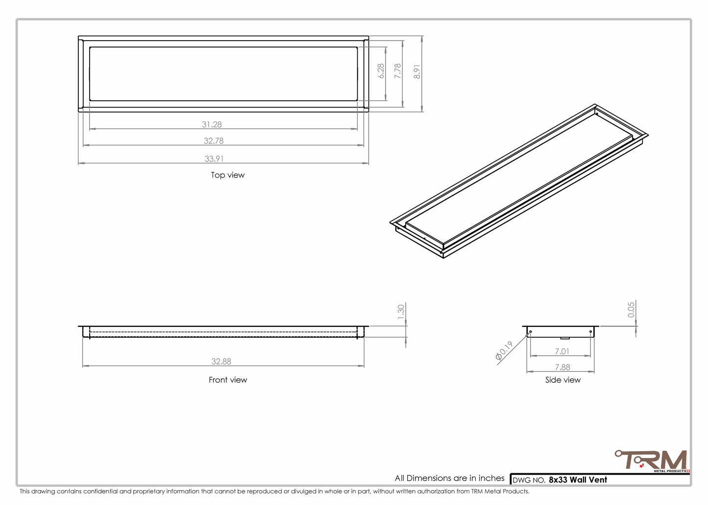 8x33 - Wall Vent - Modern Vent Cover -  Return Air Vent - TRM Metal  33x8