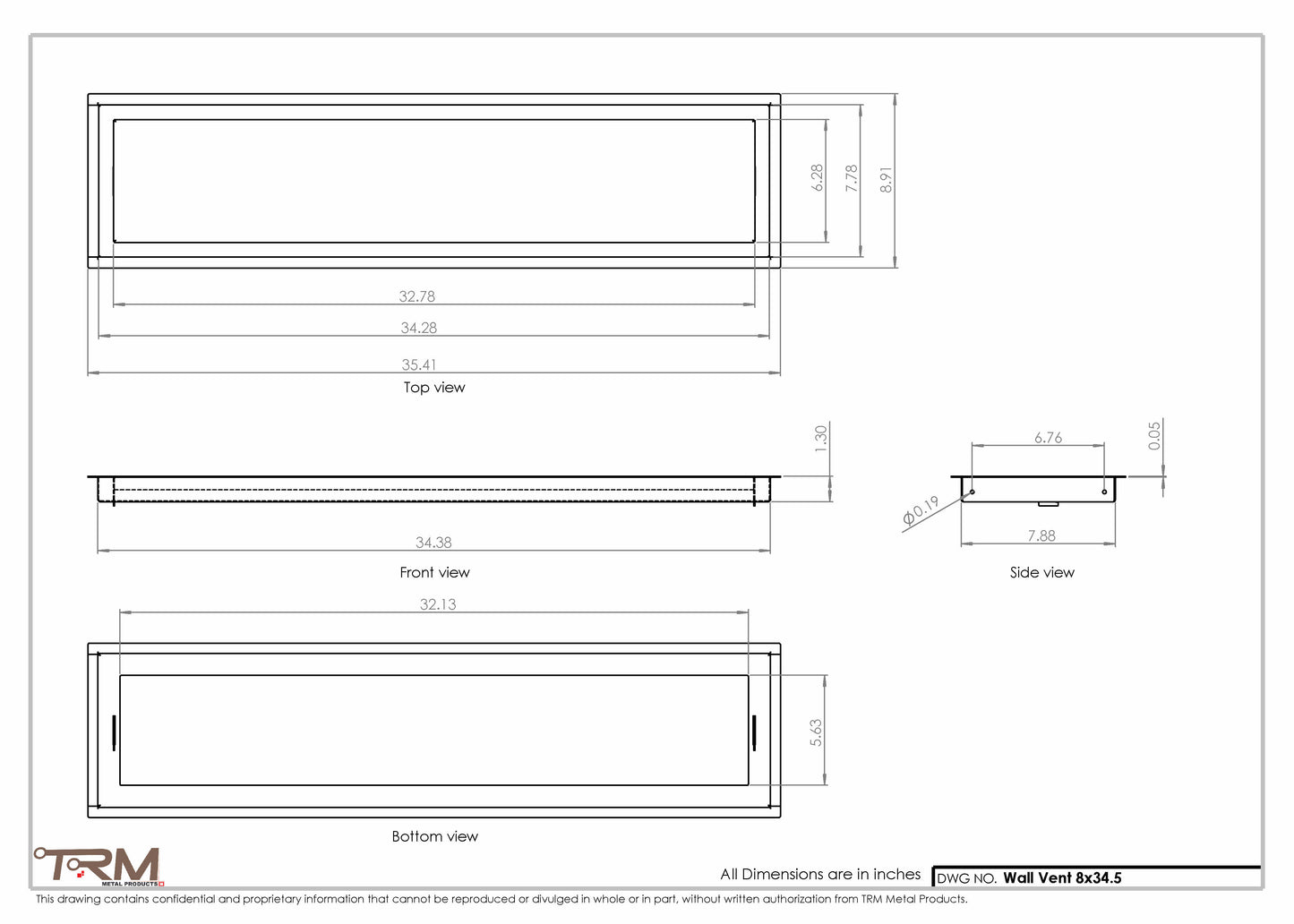 8x34.5 - Wall Vent - Modern Vent Cover -  Return Air Vent - TRM Metal  34.5x8