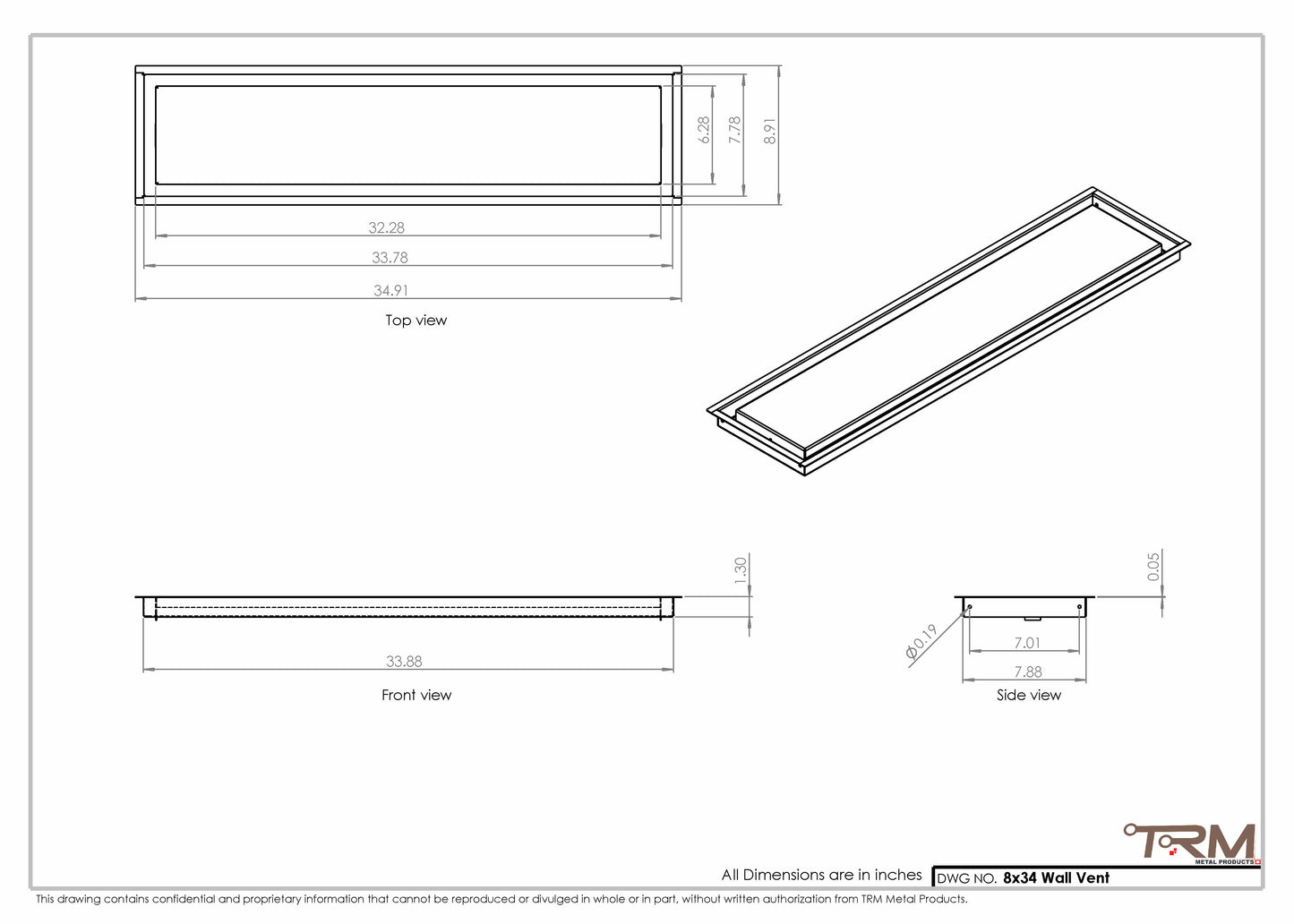 8x34 - Wall Vent - Modern Vent Cover -  Return Air Vent - TRM Metal  34x8