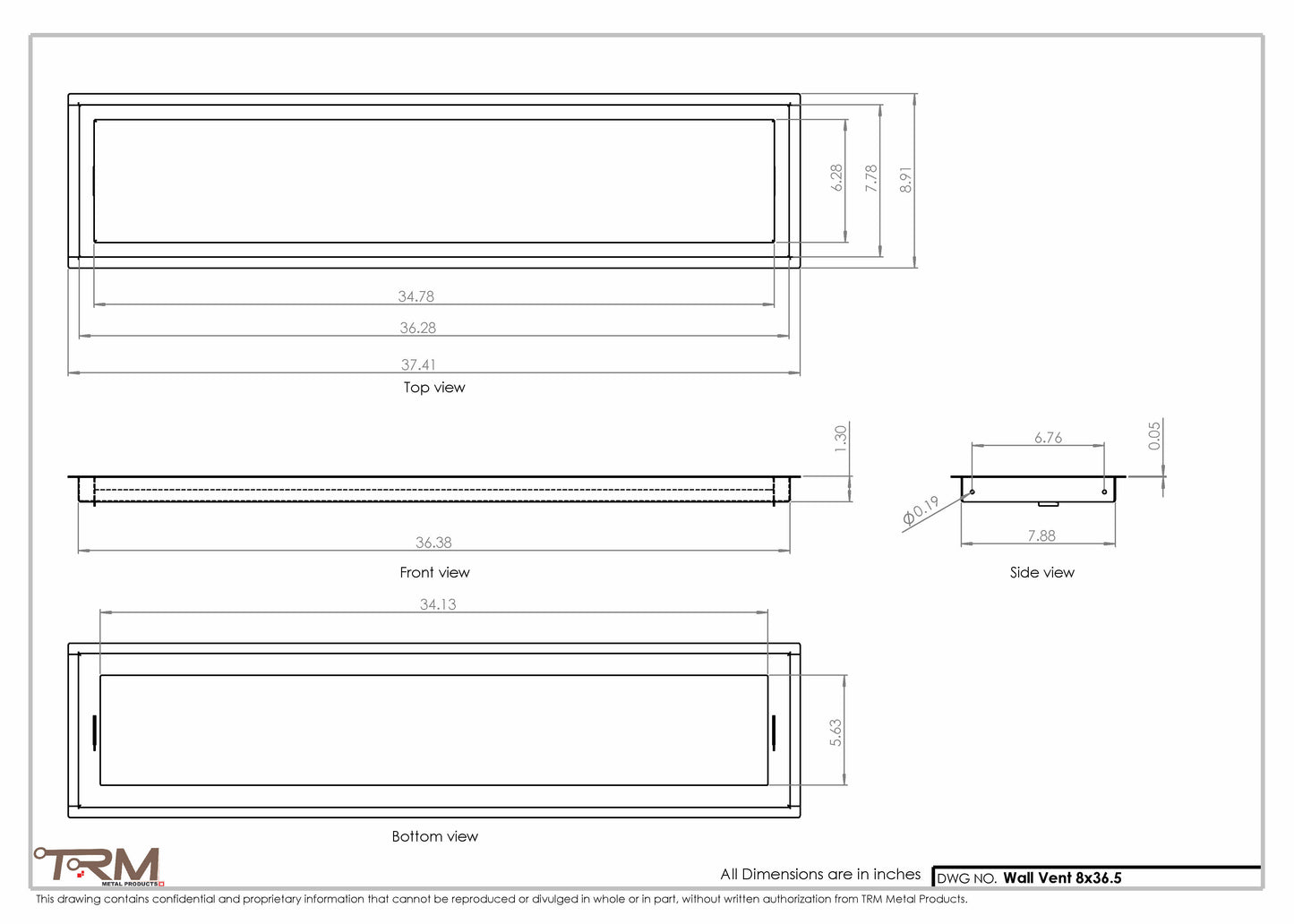 8x36.5 - Wall Vent - Modern Vent Cover -  Return Air Vent - TRM Metal  36.5x8