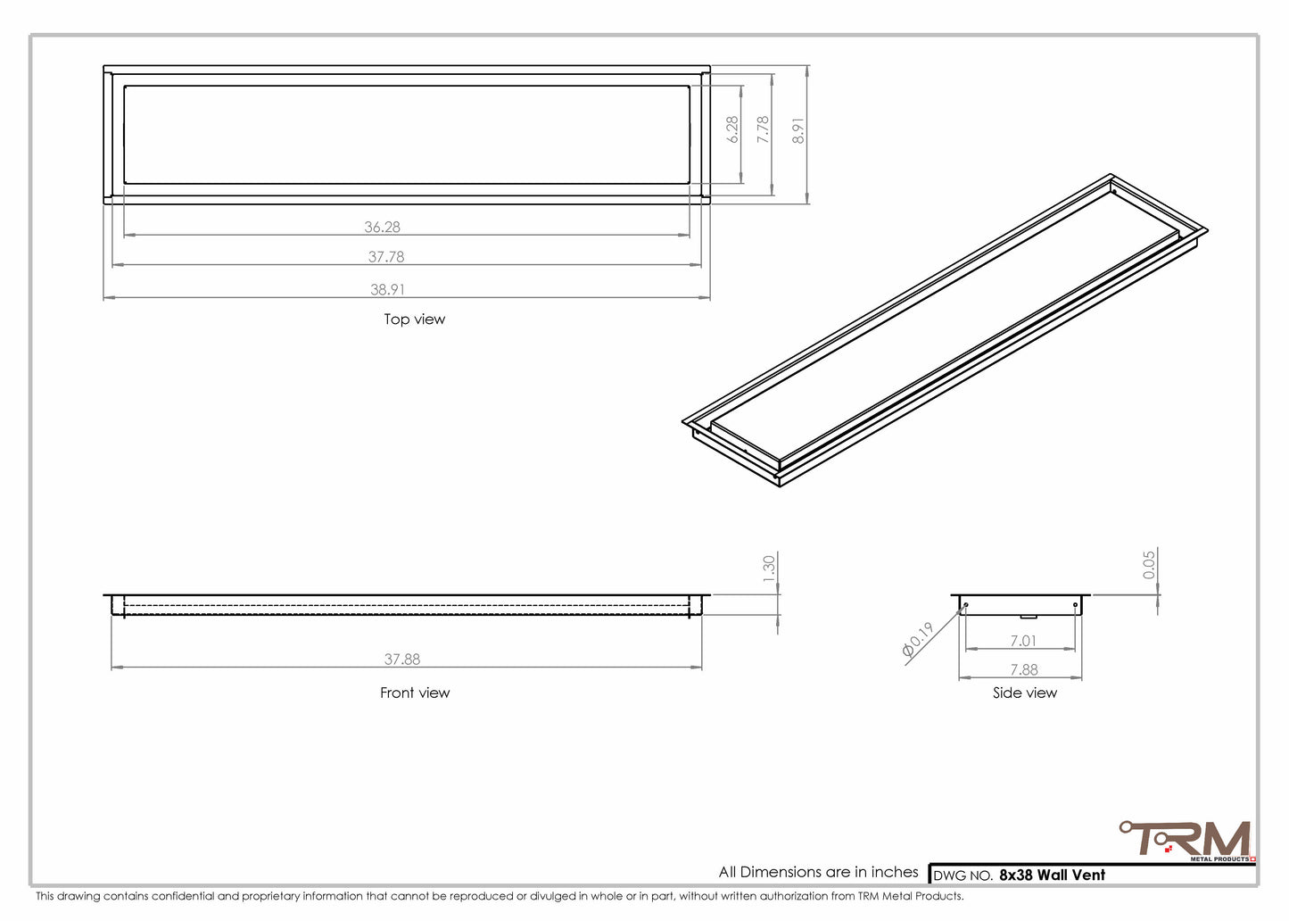 8x38 - Wall Vent - Modern Vent Cover -  Return Air Vent - TRM Metal  38x8