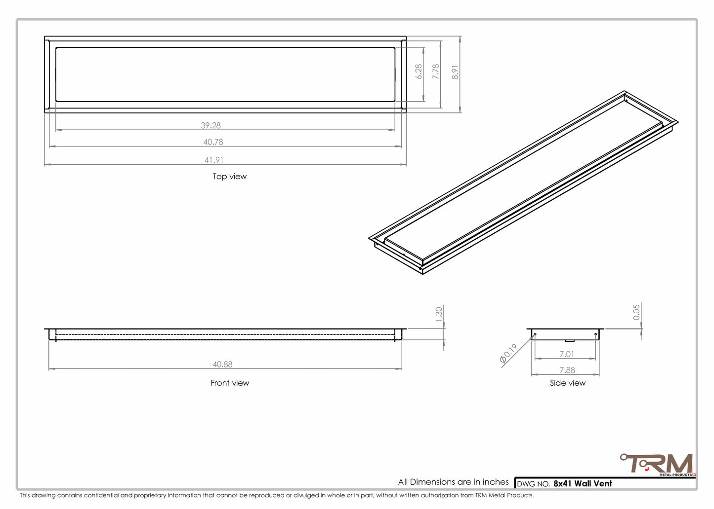 8x41 - Wall Vent - Modern Vent Cover -  Return Air Vent - TRM Metal  41x8