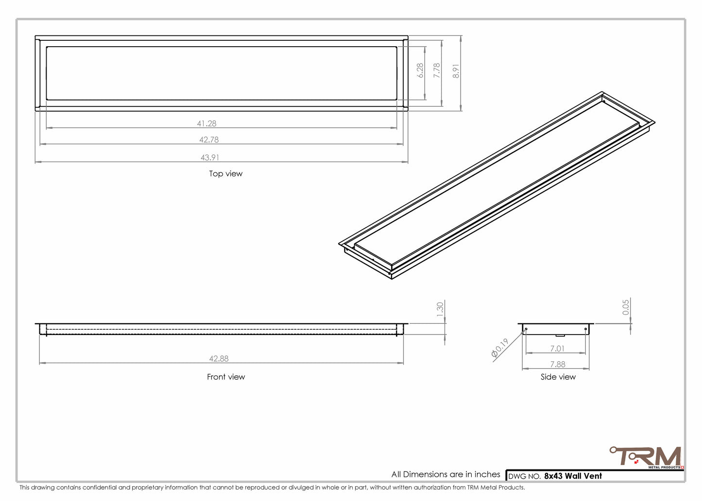 8x43 - Wall Vent - Modern Vent Cover -  Return Air Vent - TRM Metal  43x8