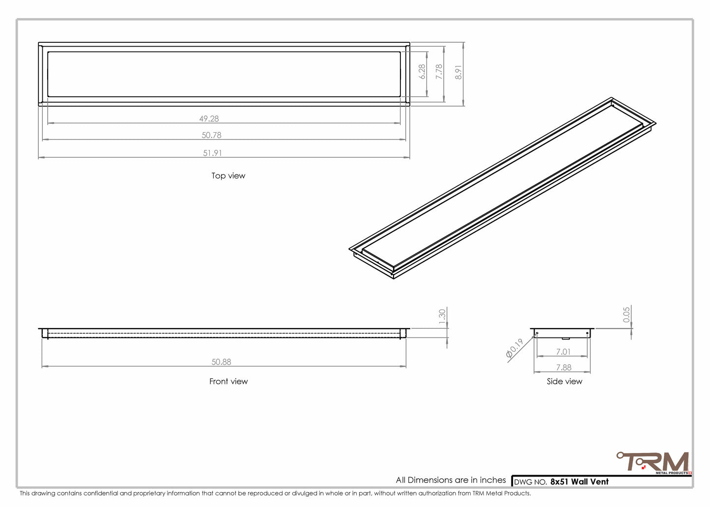 8x51 - Wall Vent - Modern Vent Cover -  Return Air Vent - TRM Metal  51x8