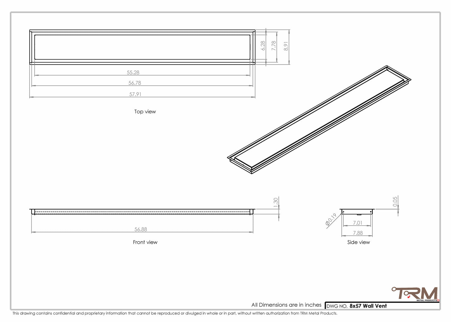 8x57 - Wall Vent - Modern Vent Cover -  Return Air Vent - TRM Metal  57x8