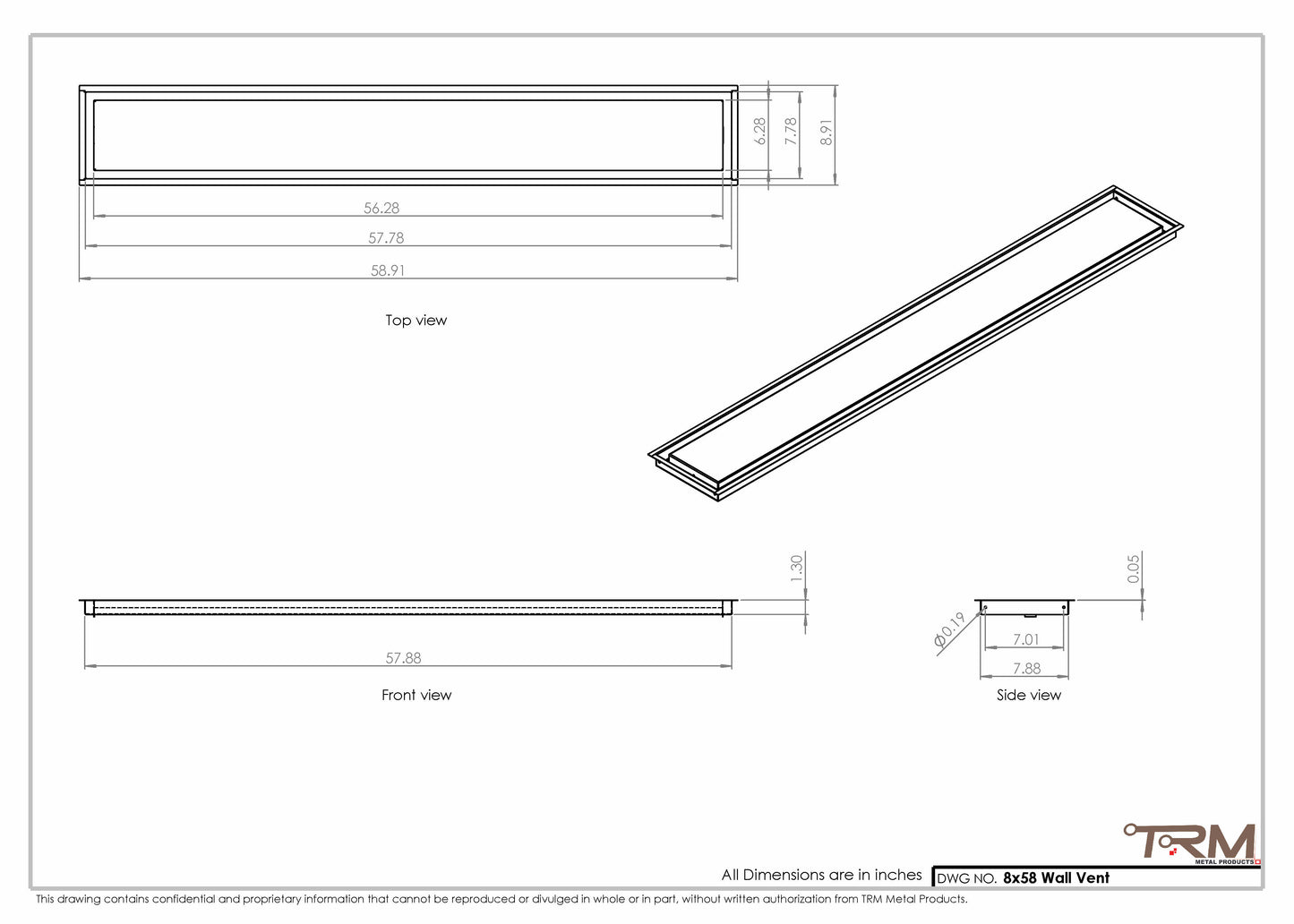 8x58 - Wall Vent - Modern Vent Cover -  Return Air Vent - TRM Metal  58x8