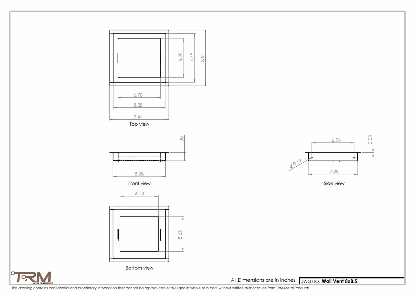 8x8.5 - Wall Vent - Modern Vent Cover -  Return Air Vent - TRM Metal  8.5x8