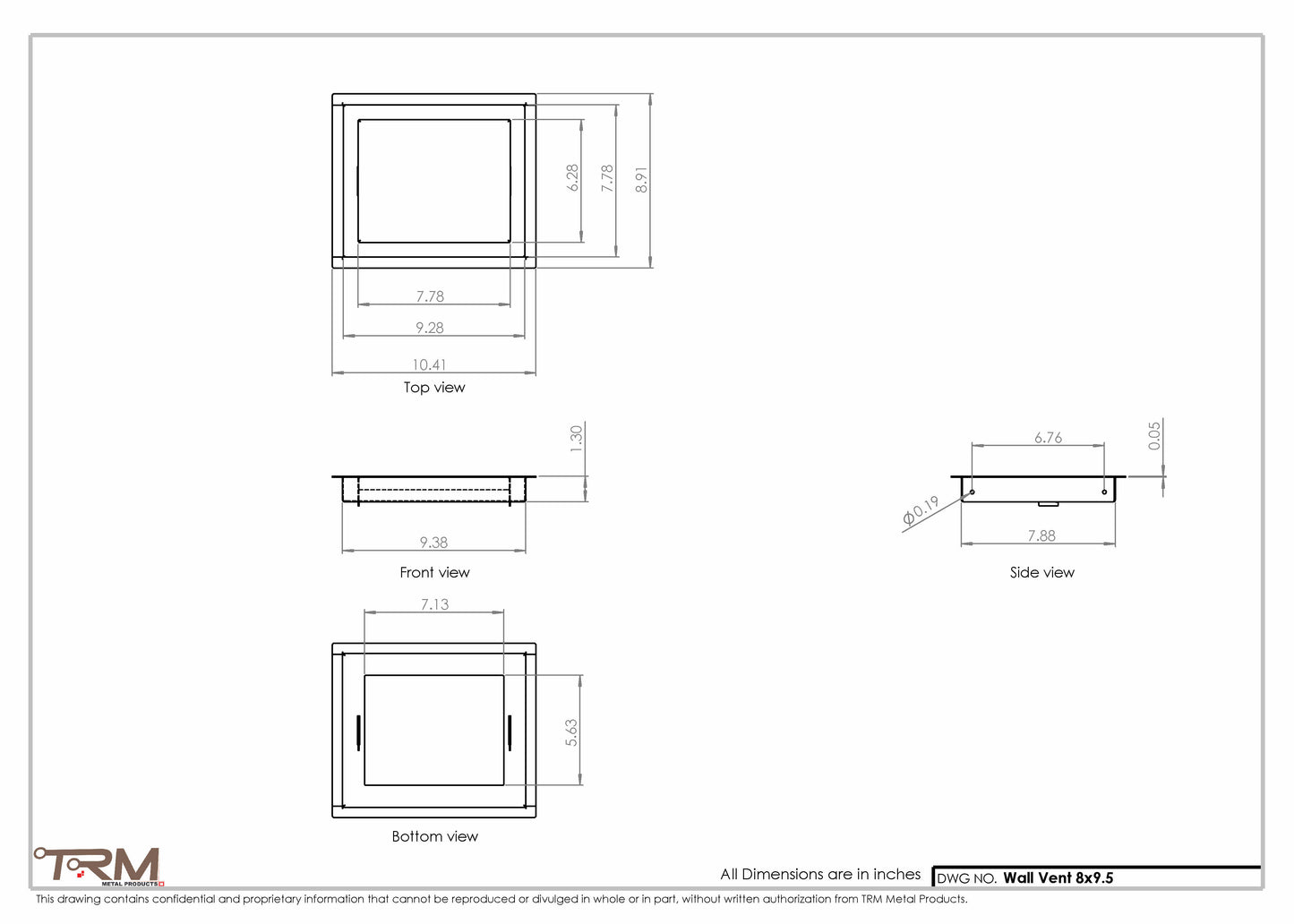 8x9.5 - Wall Vent - Modern Vent Cover -  Return Air Vent - TRM Metal  9.5x8