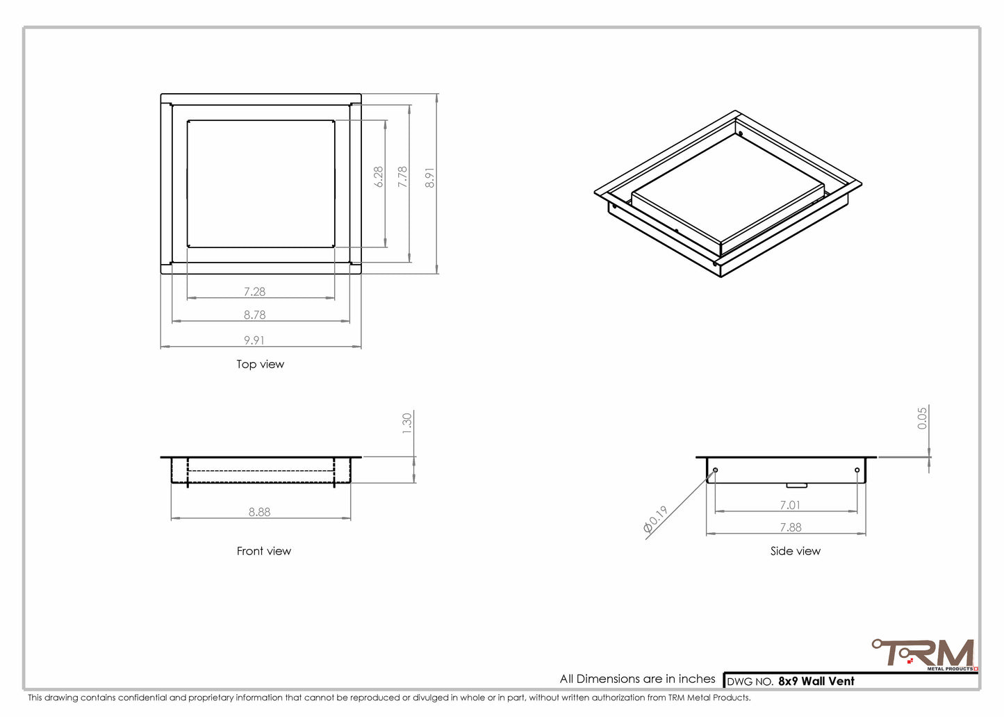 8x9 - Wall Vent - Modern Vent Cover -  Return Air Vent - TRM Metal  9x8