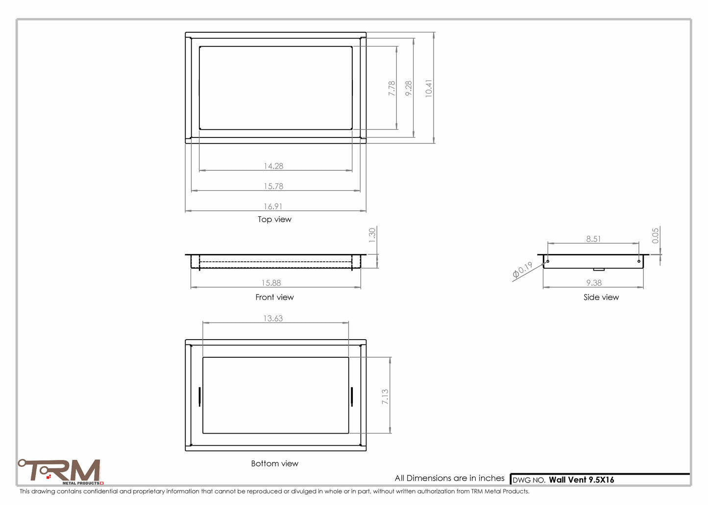 9.5x16 - Wall Vent - Modern Vent Cover -  Return Air Vent - TRM Metal  16x9.5