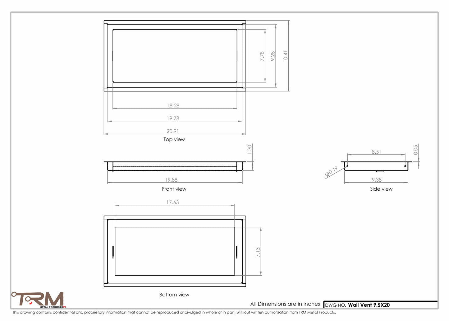 9.5x20 - Wall Vent - Modern Vent Cover -  Return Air Vent - TRM Metal  20x9.5