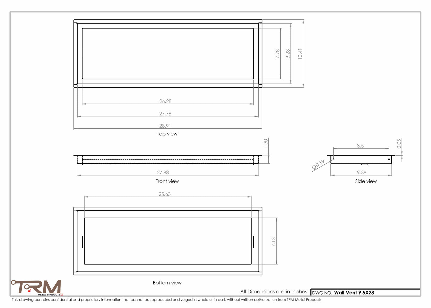9.5x28 - Wall Vent - Modern Vent Cover -  Return Air Vent - TRM Metal  28x9.5
