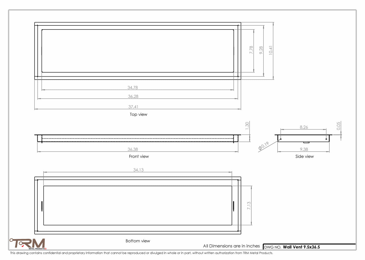 9.5x36.5 - Wall Vent - Modern Vent Cover -  Return Air Vent - TRM Metal  36.5x9.5