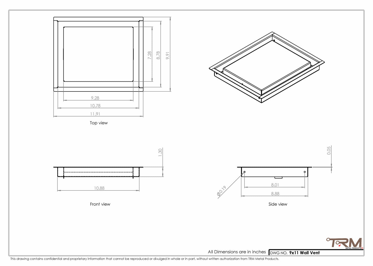 9x11 - Wall Vent - Modern Vent Cover -  Return Air Vent - TRM Metal  11x9