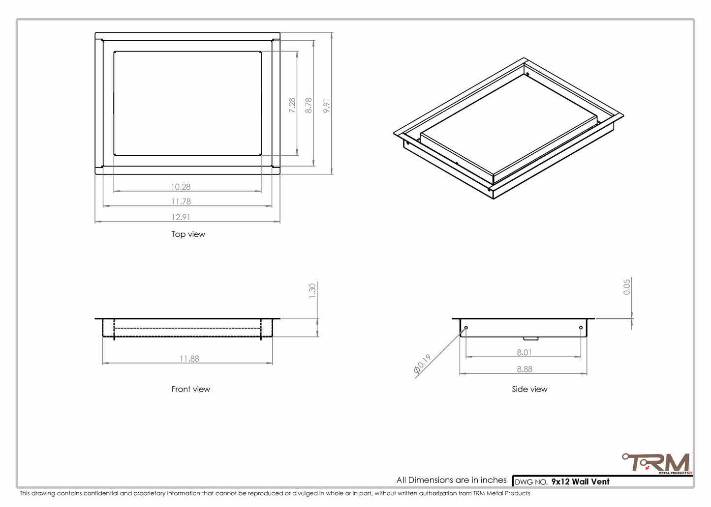 9x12 - Wall Vent - Modern Vent Cover -  Return Air Vent - TRM Metal  12x9