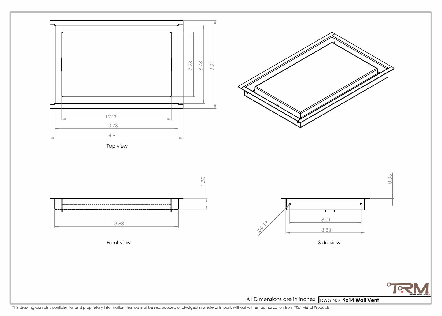 9x14 - Wall Vent - Modern Vent Cover -  Return Air Vent - TRM Metal  14x9