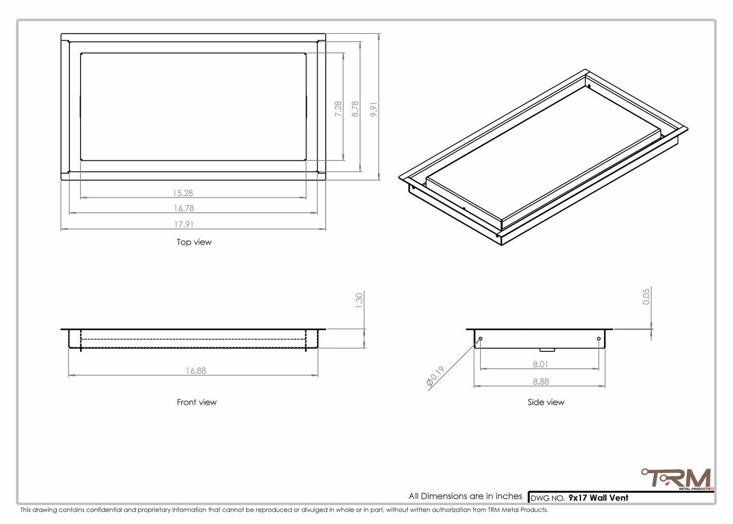 9x17 - Wall Vent - Modern Vent Cover -  Return Air Vent - TRM Metal  17x9