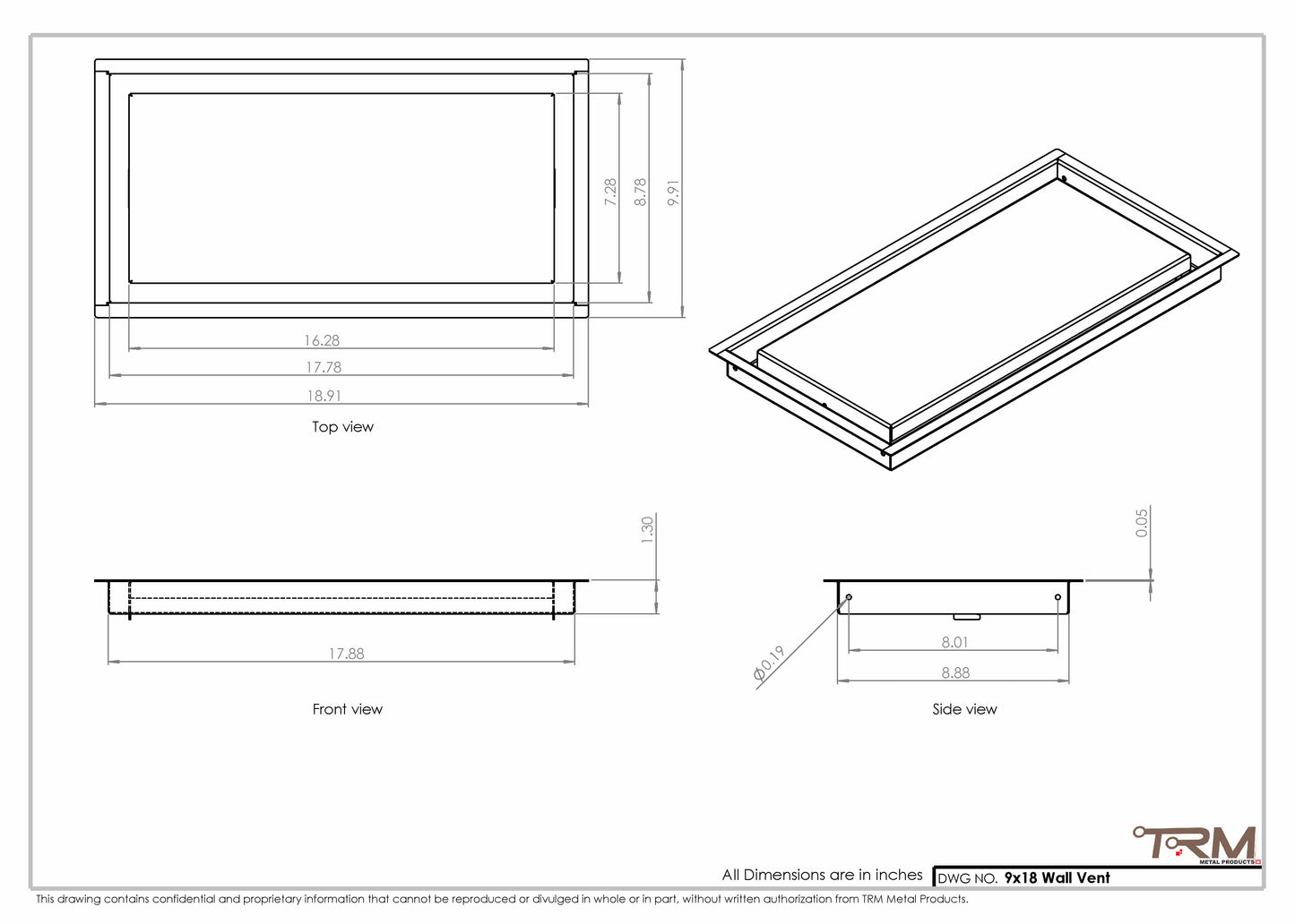 9x18 - Wall Vent - Modern Vent Cover -  Return Air Vent - TRM Metal  18x9