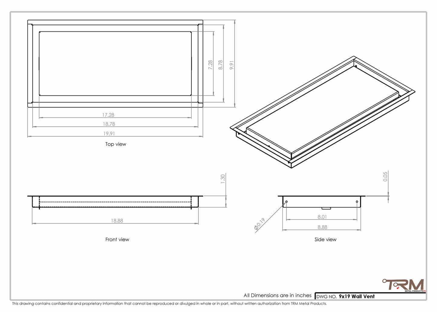 9x19 - Wall Vent - Modern Vent Cover -  Return Air Vent - TRM Metal  19x9