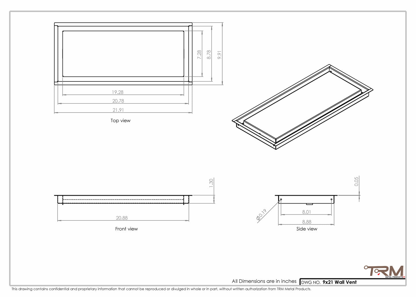 9x21 - Wall Vent - Modern Vent Cover -  Return Air Vent - TRM Metal  21x9