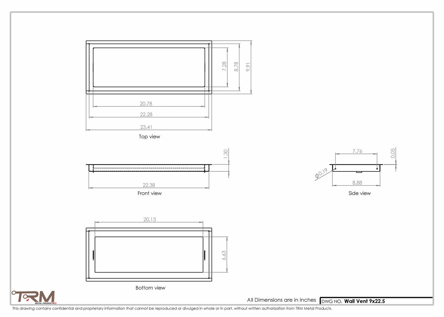 9x22.5 - Wall Vent - Modern Vent Cover -  Return Air Vent - TRM Metal  22.5x9