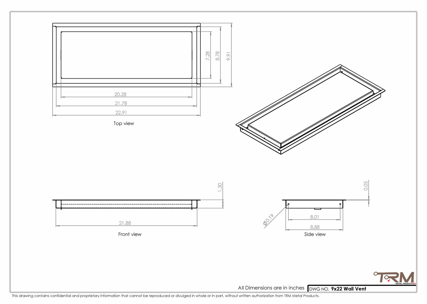 9x22 - Wall Vent - Modern Vent Cover -  Return Air Vent - TRM Metal  22x9