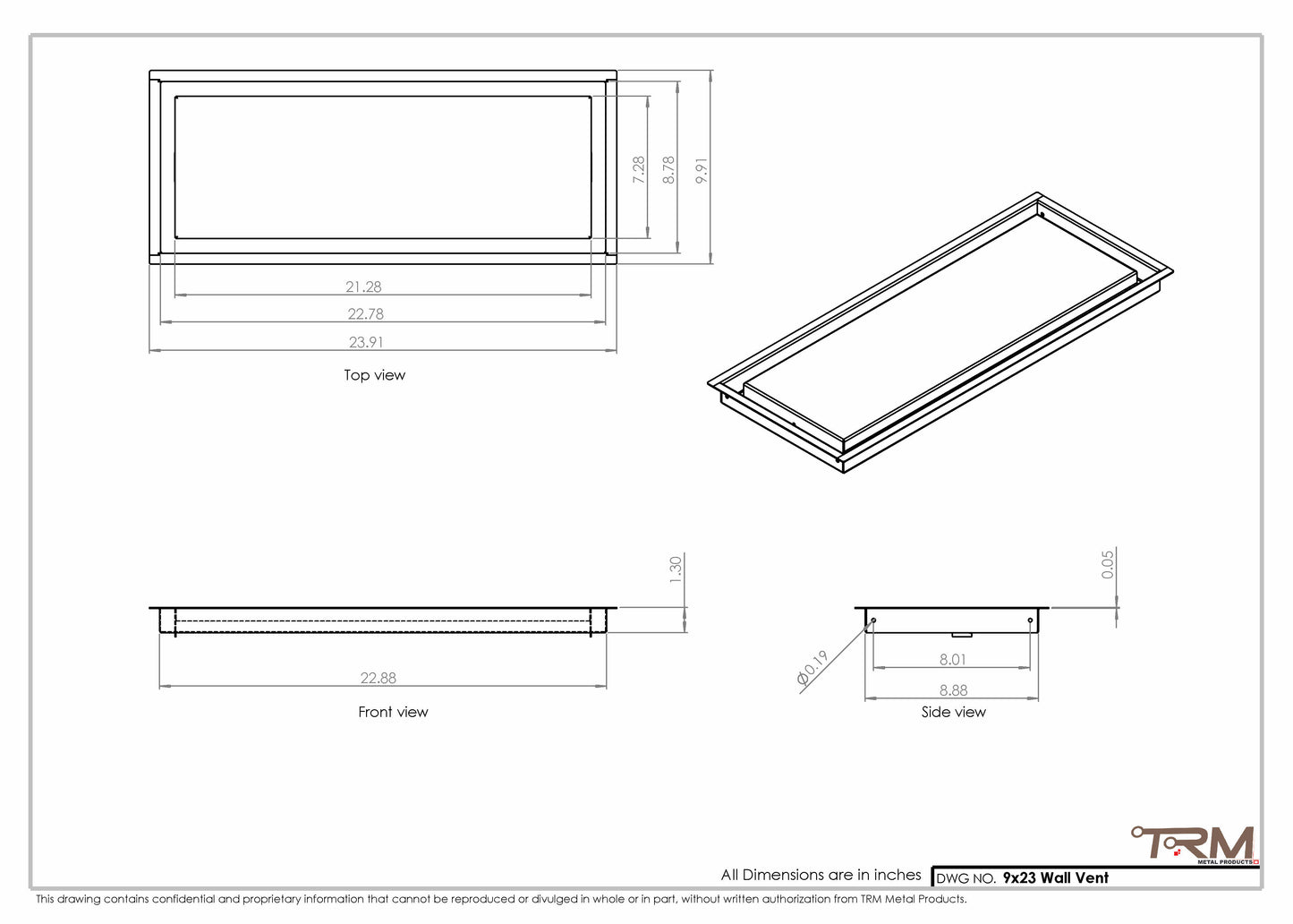 9x23 - Wall Vent - Modern Vent Cover -  Return Air Vent - TRM Metal  23x9
