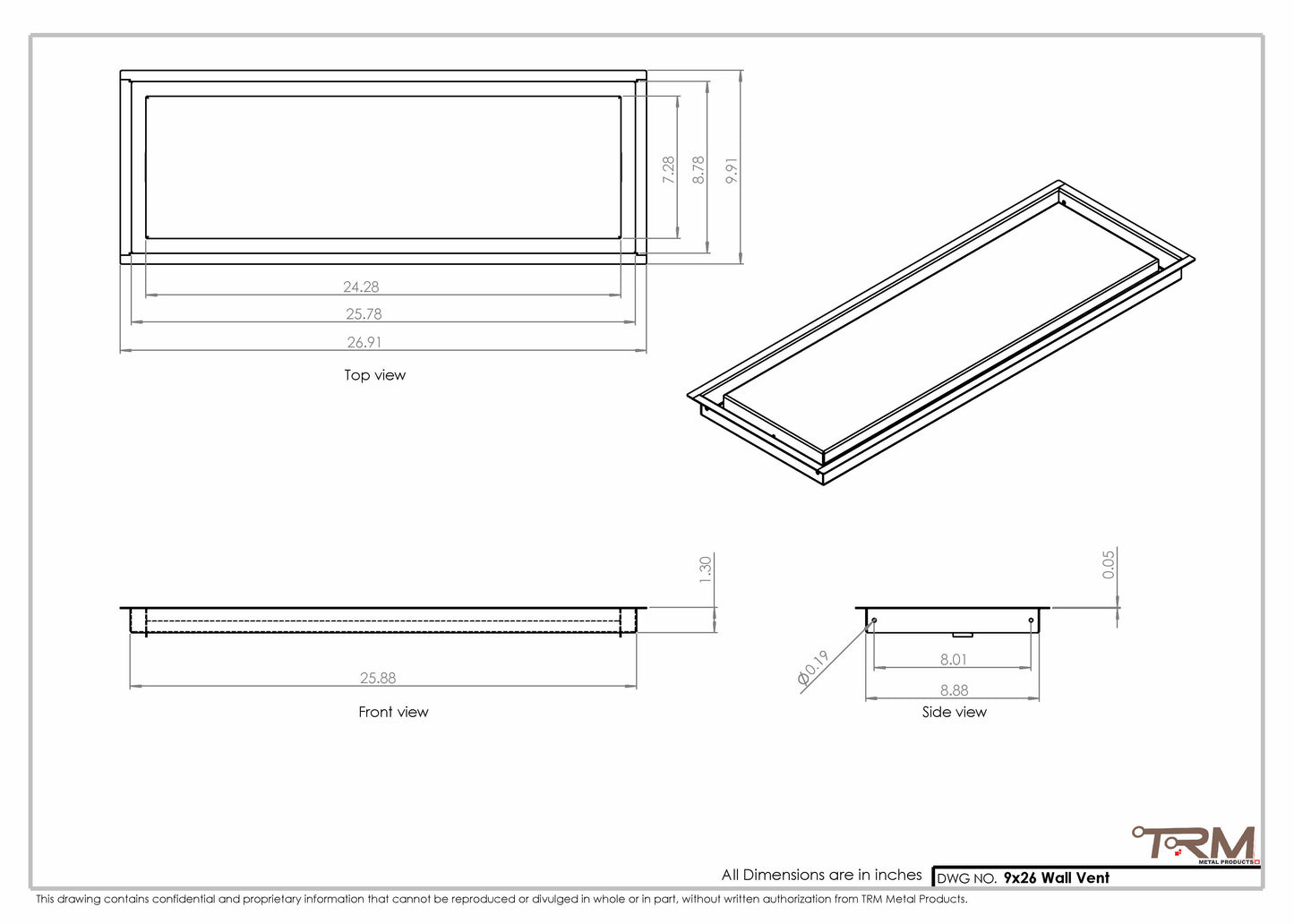 9x26 - Wall Vent - Modern Vent Cover -  Return Air Vent - TRM Metal  26x9