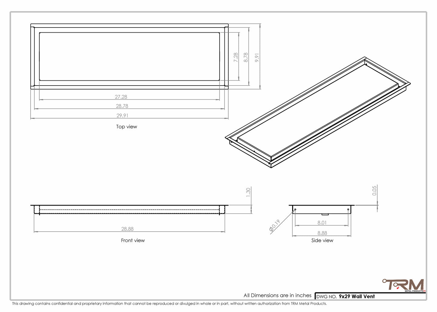 9x29 - Wall Vent - Modern Vent Cover -  Return Air Vent - TRM Metal  29x9
