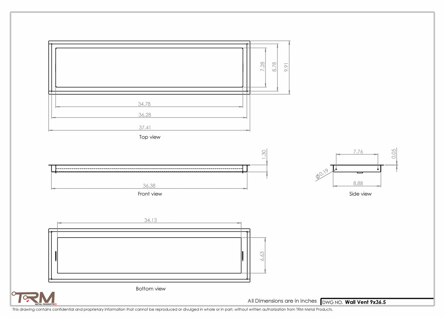 9x36.5 - Wall Vent - Modern Vent Cover -  Return Air Vent - TRM Metal  36.5x9