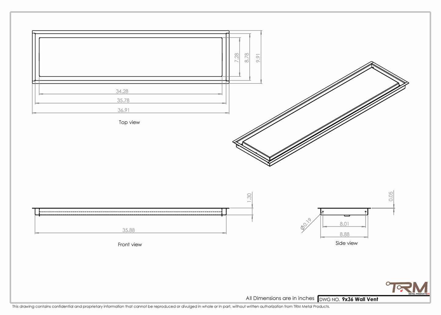 9x36 - Wall Vent - Modern Vent Cover -  Return Air Vent - TRM Metal  36x9