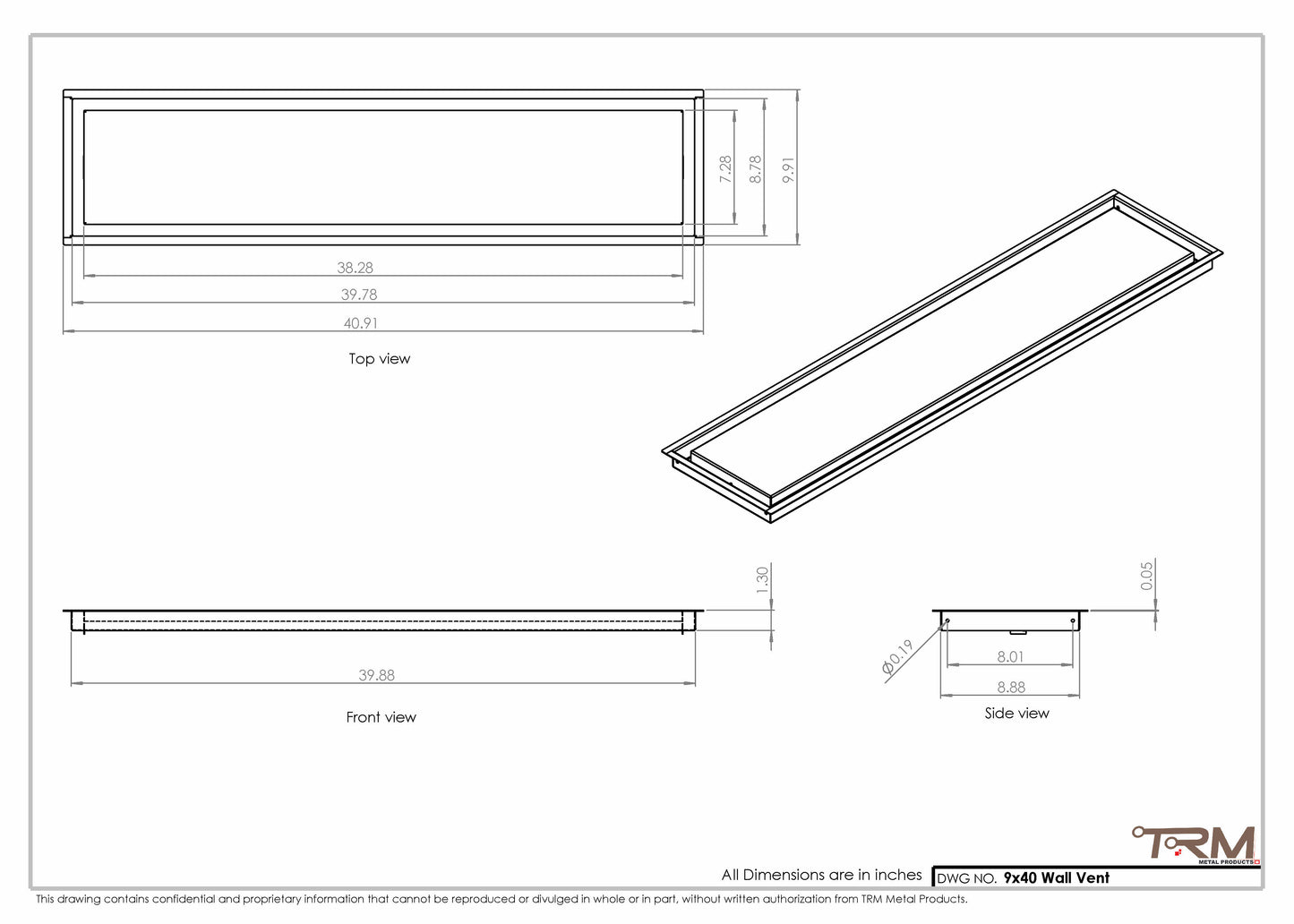 9x40 - Wall Vent - Modern Vent Cover -  Return Air Vent - TRM Metal  40x9