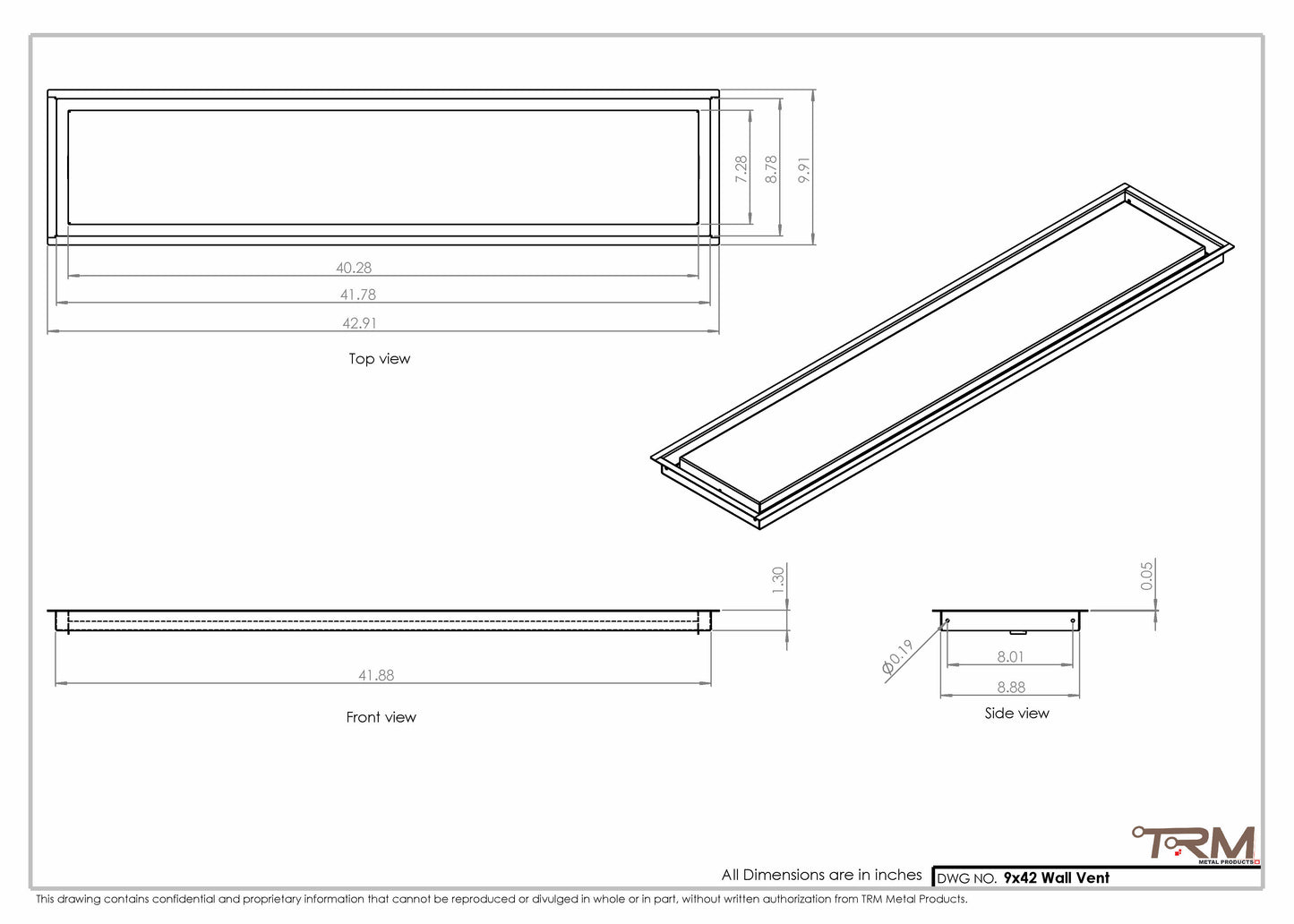 9x42 - Wall Vent - Modern Vent Cover -  Return Air Vent - TRM Metal  42x9