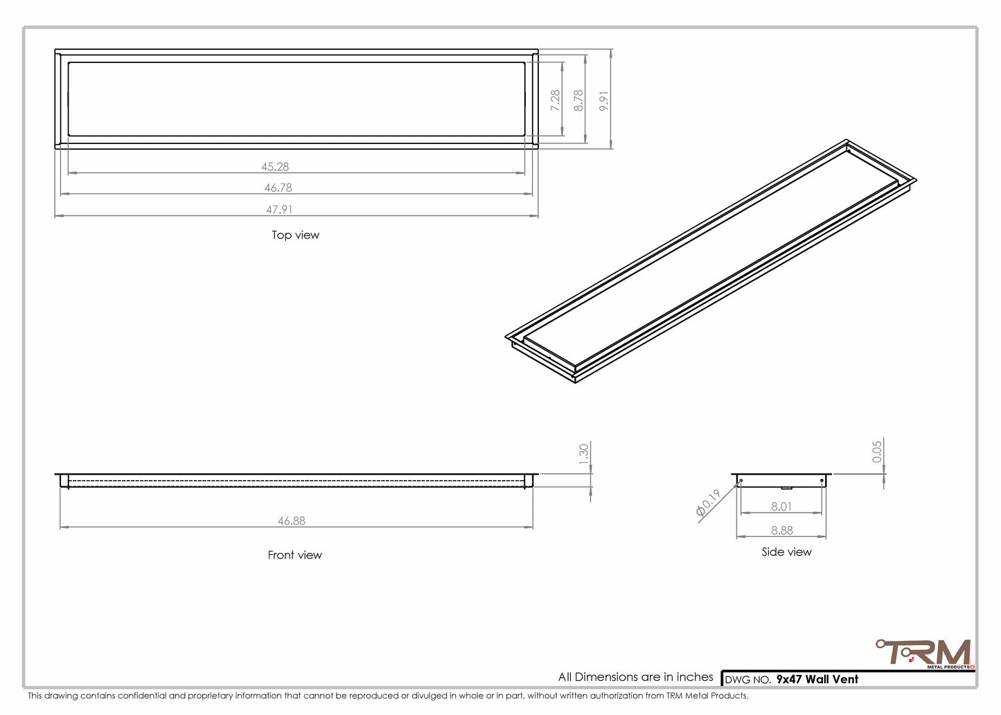 9x47 - Wall Vent - Modern Vent Cover -  Return Air Vent - TRM Metal  47x9