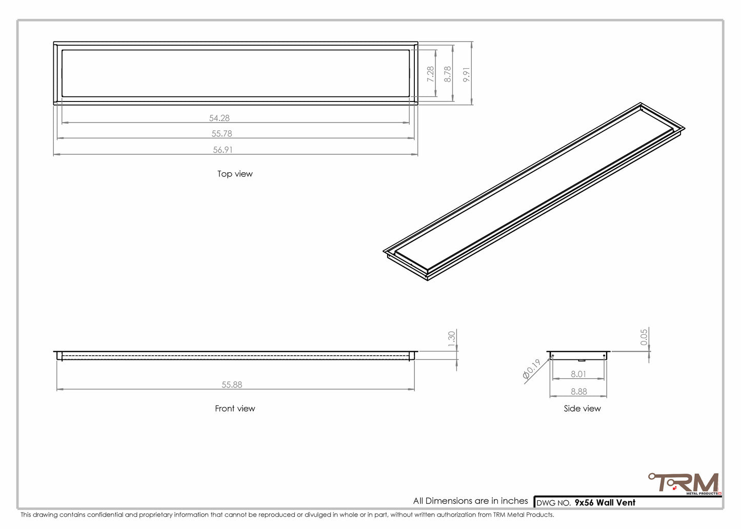 9x56 - Wall Vent - Modern Vent Cover -  Return Air Vent - TRM Metal  56x9