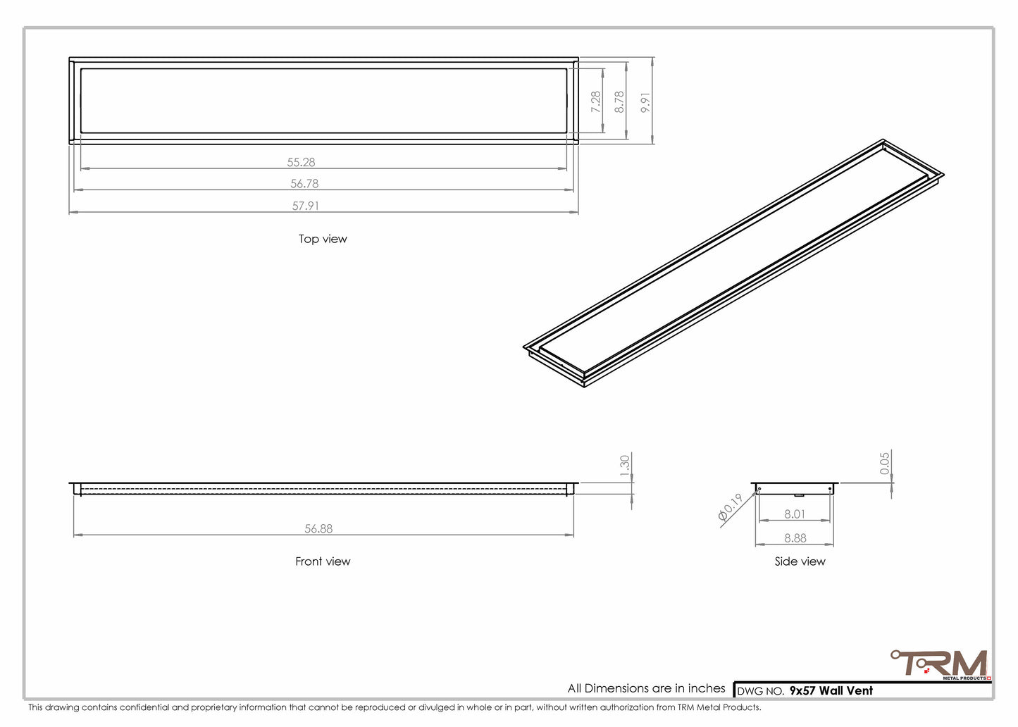 9x57 - Wall Vent - Modern Vent Cover -  Return Air Vent - TRM Metal  57x9