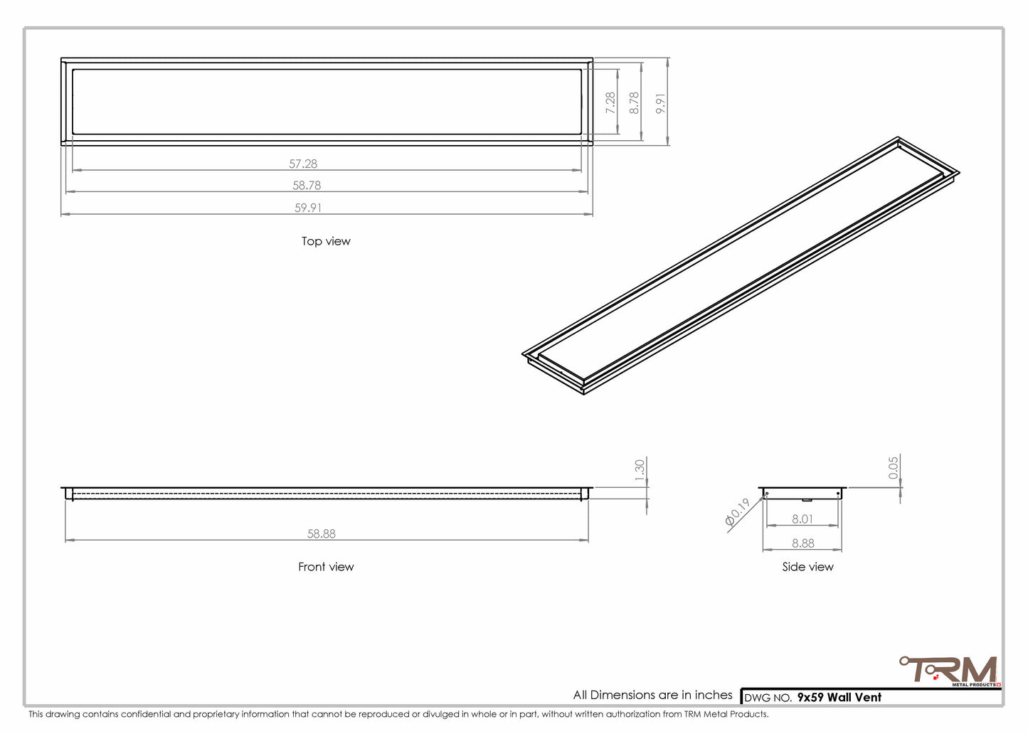 9x59 - Wall Vent - Modern Vent Cover -  Return Air Vent - TRM Metal  59x9