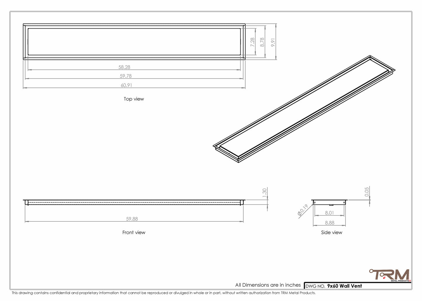 9x60 - Wall Vent - Modern Vent Cover -  Return Air Vent - TRM Metal  60x9