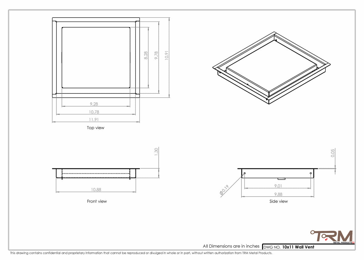 10x11 wall vent cover, dimensions drawing