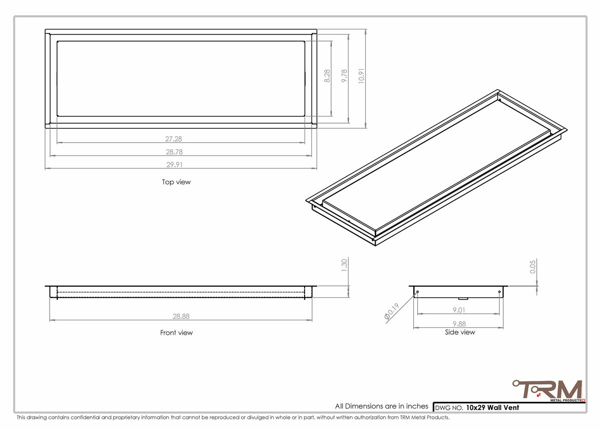 10x29 wall vent cover, dimensions drawing