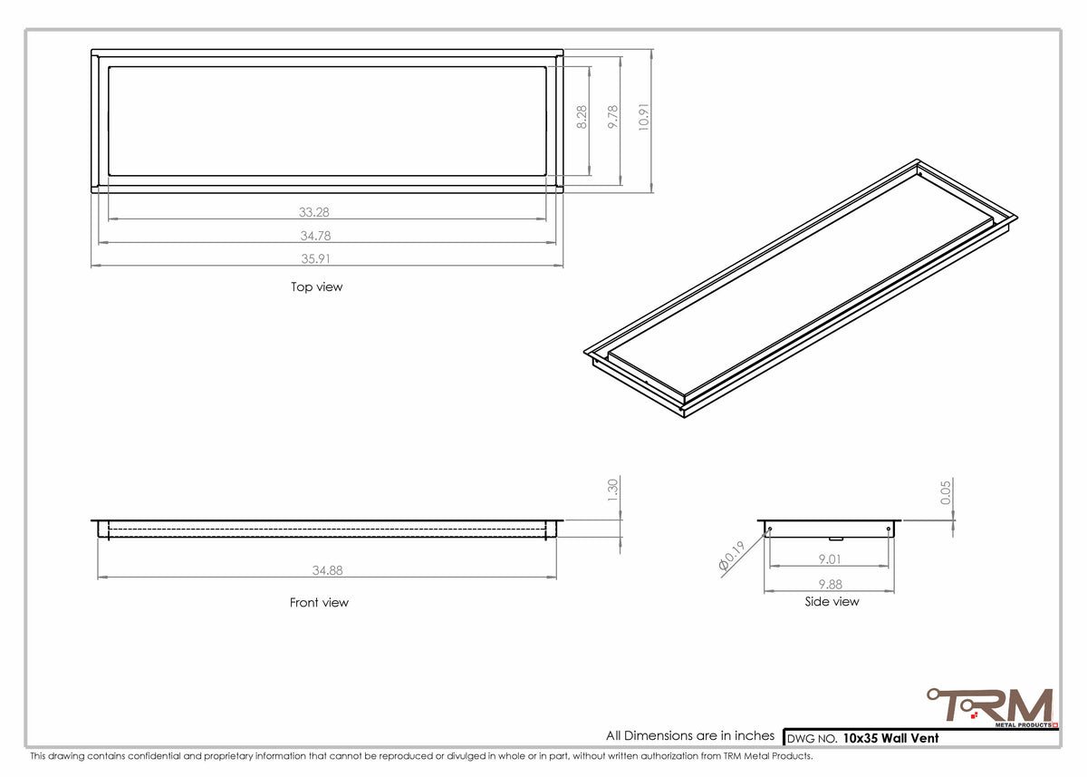 10x35 wall vent cover, dimensions drawing